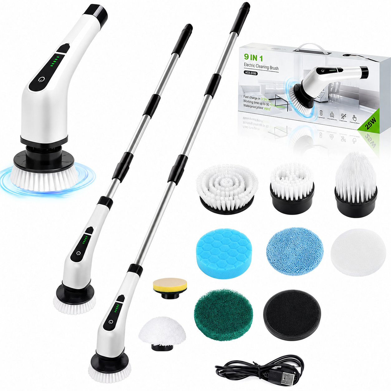 9-in-1 Electric Spin Scrubber with Adjustable Handle & 9 Brush Heads